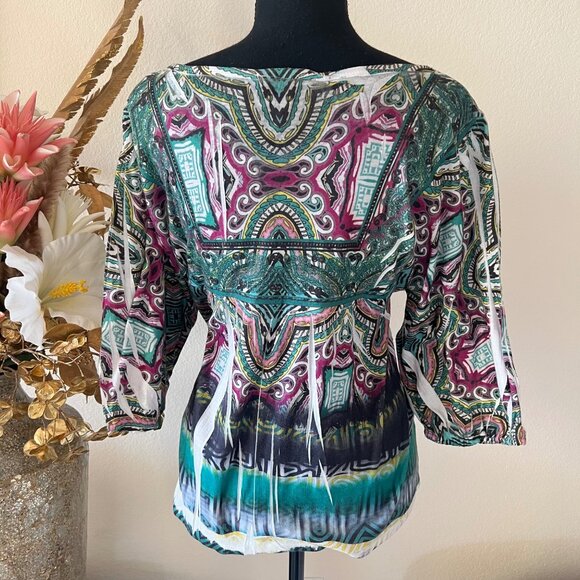 Y2K Billowy Sleeve Embroidered Lace-Up Abstract Rhinestone Green & Pink Top - Picture 3 of 8